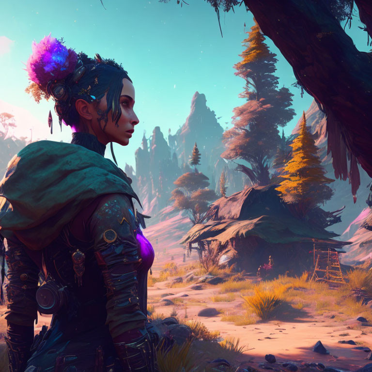 Colorful-haired woman in futuristic outfit gazes at alien landscape with vibrant flora