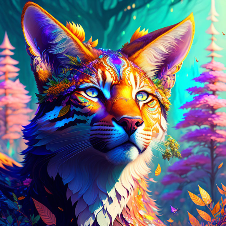 Colorful digital art: Fantastical fox with tribal markings in mystical forest