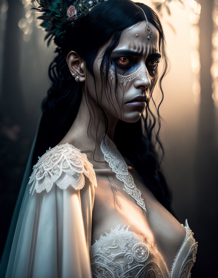 Stylized portrait of person with dark hair and dramatic makeup in white-lace mask effect