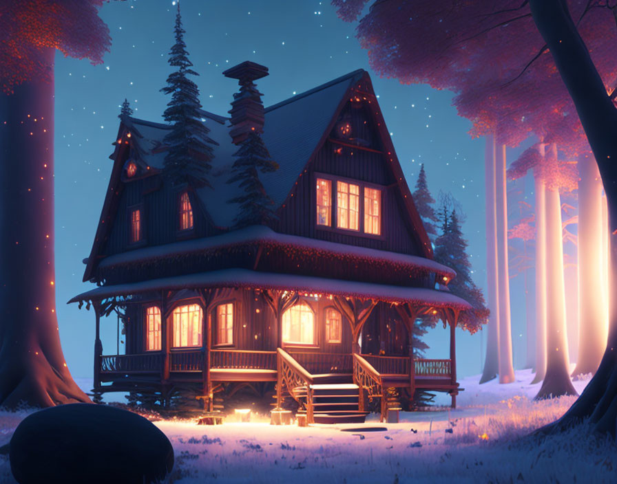 Twilight forest wooden house with glowing lights