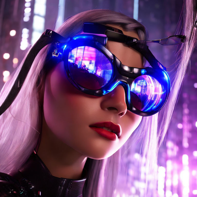 Blonde woman in blue goggles against neon-lit purple backdrop