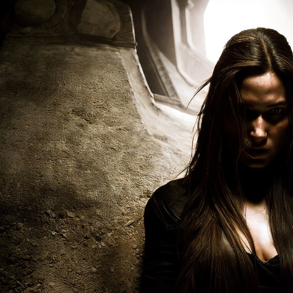 Dark-haired woman with intense eyes in shadow against gritty background.