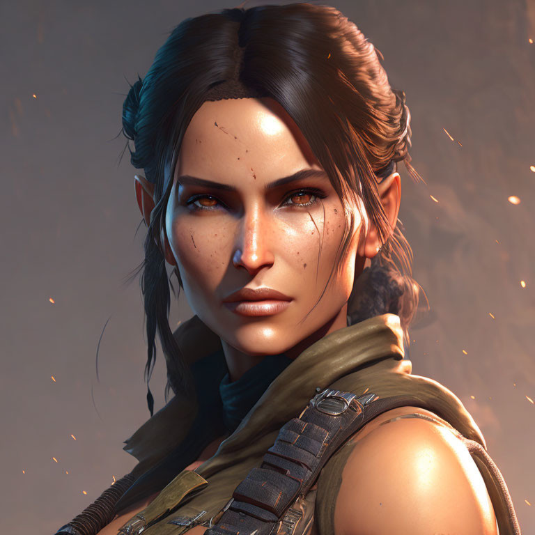 Close-up 3D-rendered image of a woman with freckles in tactical gear