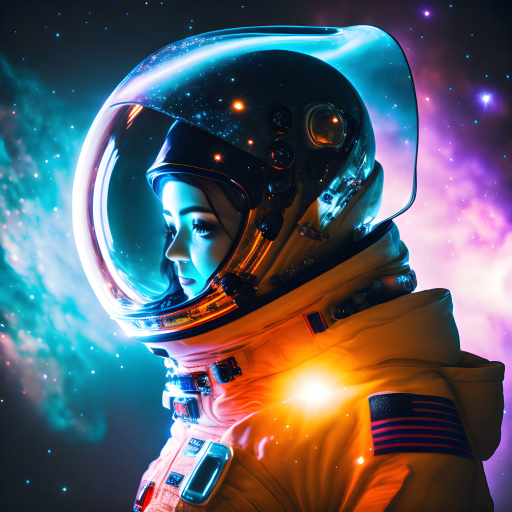 Astronaut in reflective helmet and orange suit in cosmic setting