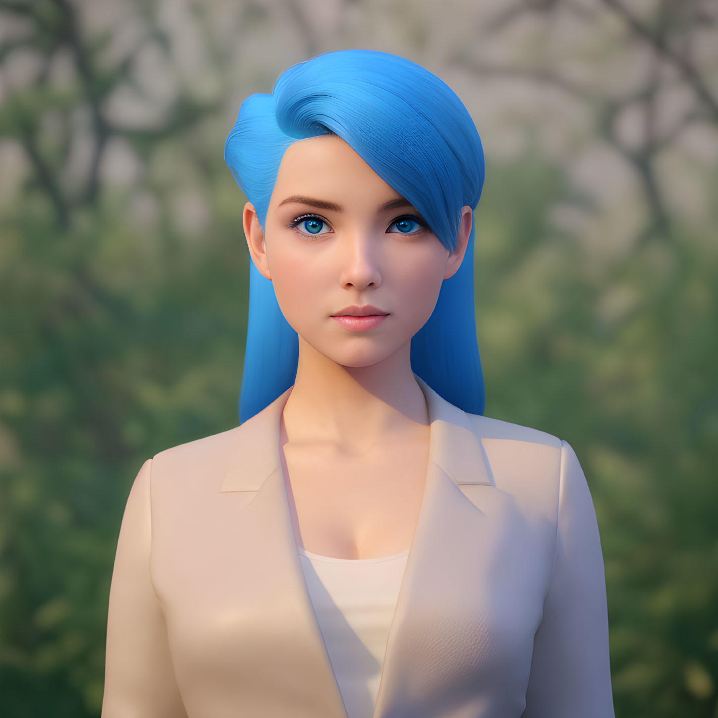 Vibrant blue-haired woman in beige blazer against nature backdrop