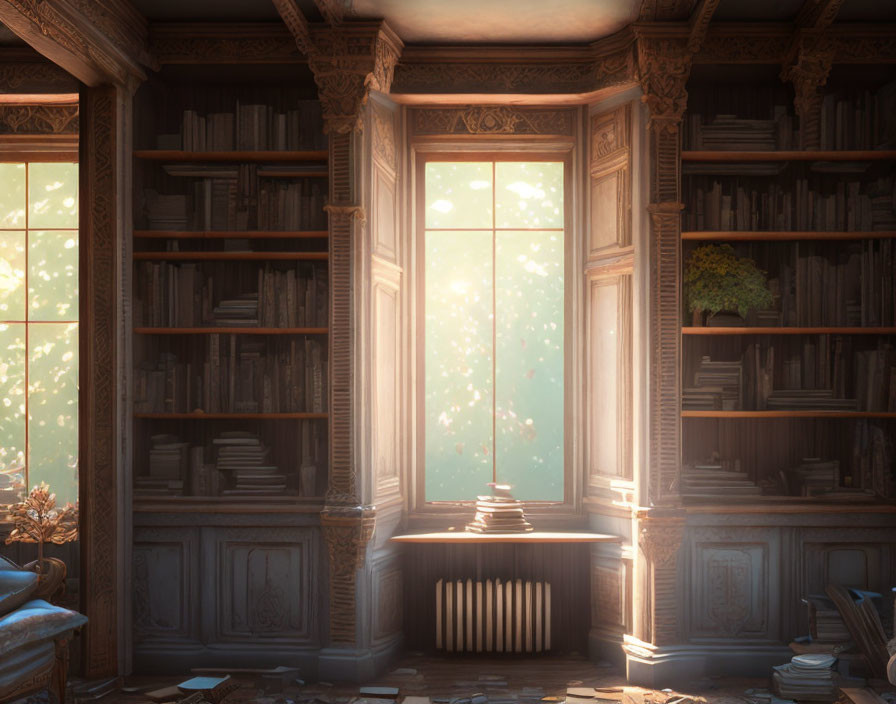 Cozy library with towering bookshelves and sunlight streams