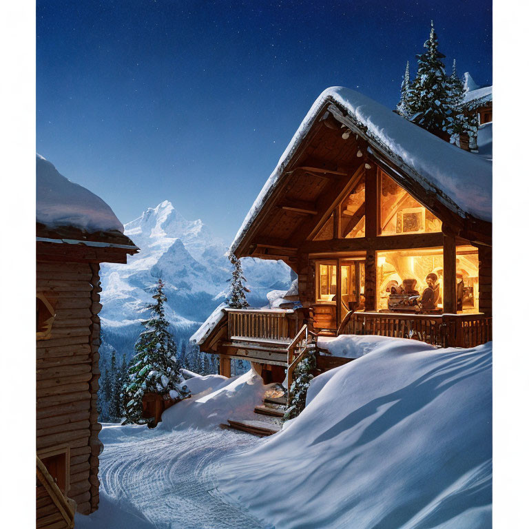 Snow-covered mountain cabin at night under starry sky