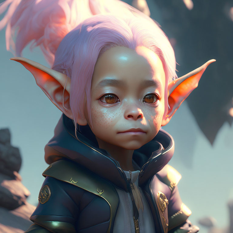 Fantasy creature with large eyes, pink hair, and detailed jacket