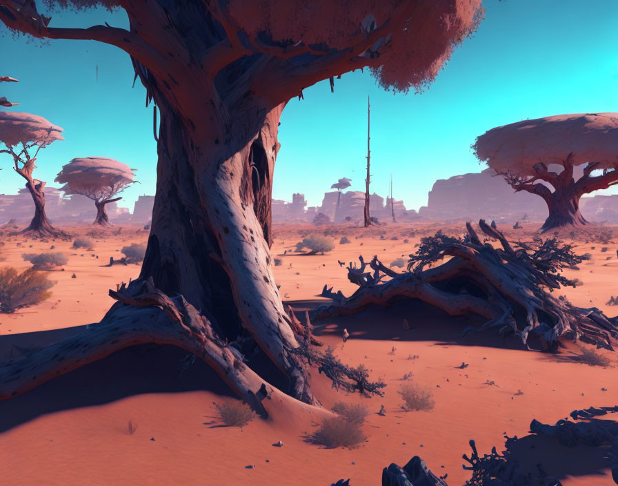 Surreal desert landscape with blue skies, baobab-like trees, roots, and futuristic structures