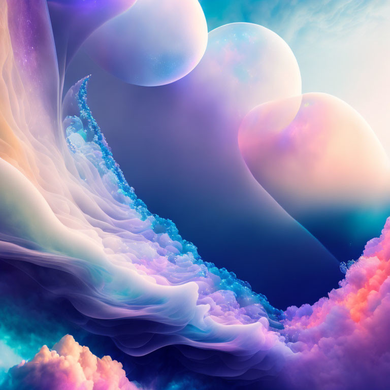 Colorful surreal dreamscape with floating orbs in pastel clouds