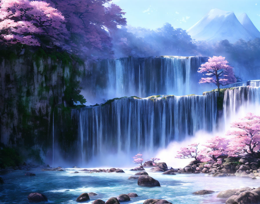 Wide Waterfall Cascading Over Cliff Amidst Cherry Blossoms, Lake, and Snow-Capped Mountain