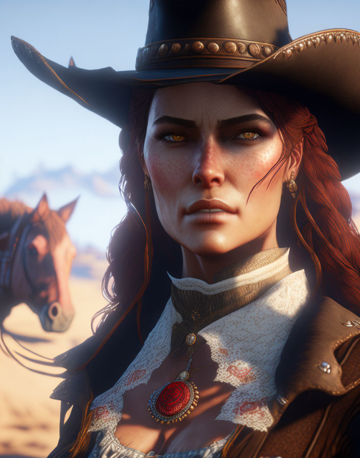 Digital art: Woman with red hair, freckles, cowboy hat, western attire, horse in