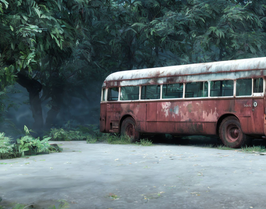 Abandoned red bus covered in rust and overgrowth in foggy green setting