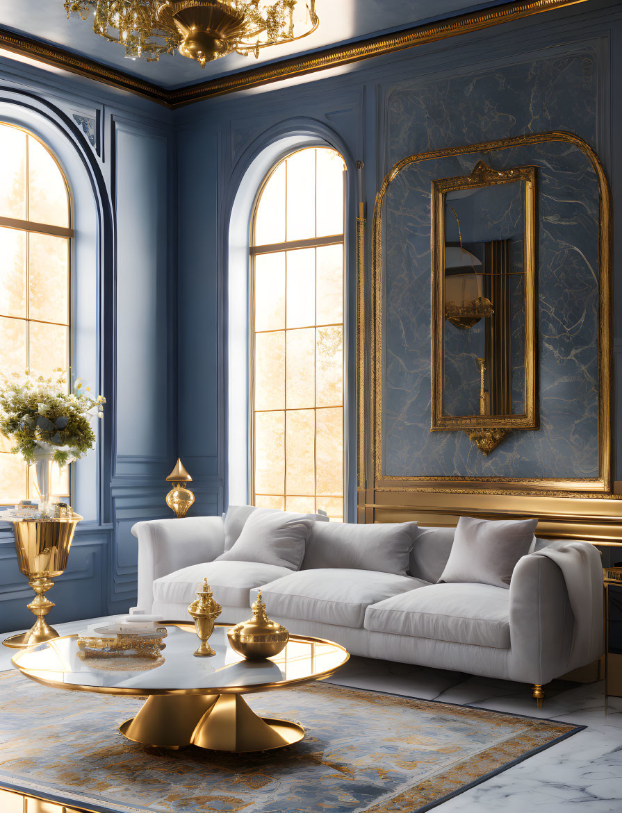 Luxurious Blue and Gold Living Room with White Sofa and Grand Chandelier