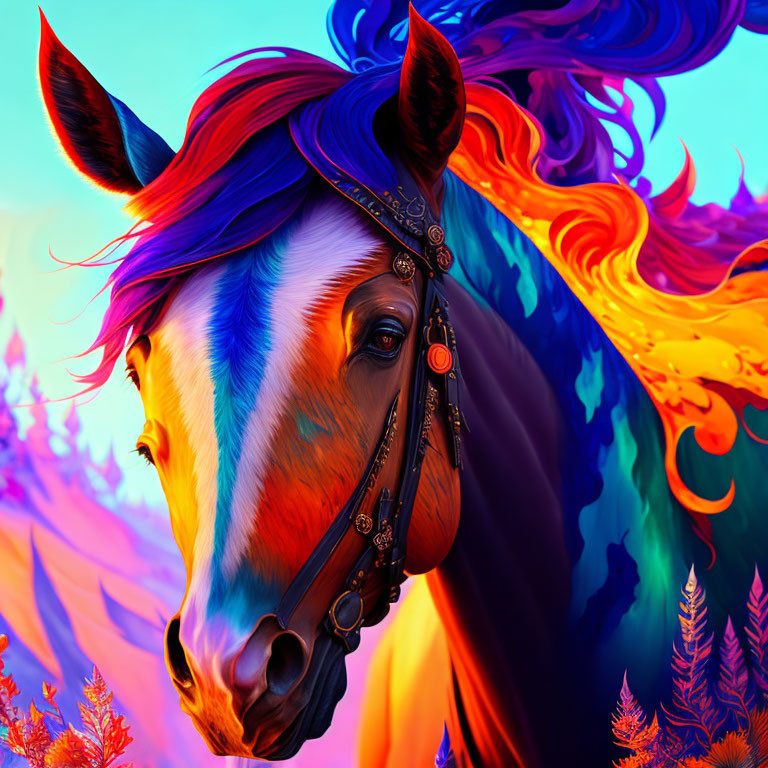 Colorful digital art: Horse with fiery mane in surreal fantasy setting