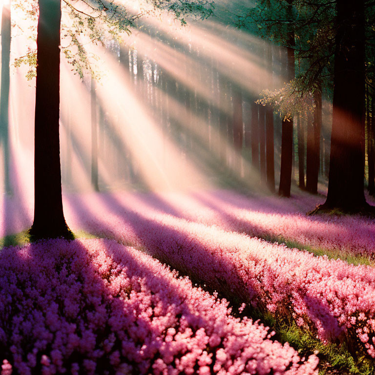 Forest scene: Sun rays on pink flower carpet