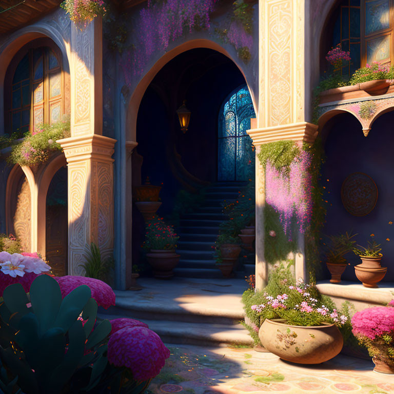 Tranquil courtyard with archways, plants, stairway, and lantern