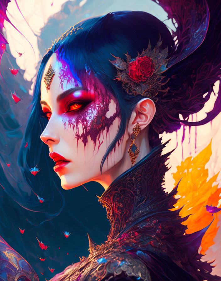 Vibrant digital portrait of a woman with blue skin and dramatic makeup