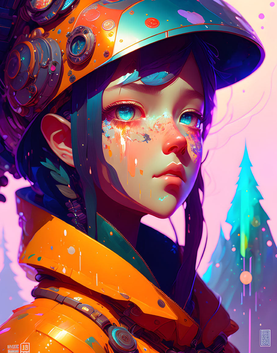 Digital portrait: Girl with large eyes, futuristic helmet, vibrant colors, fantasy backdrop.