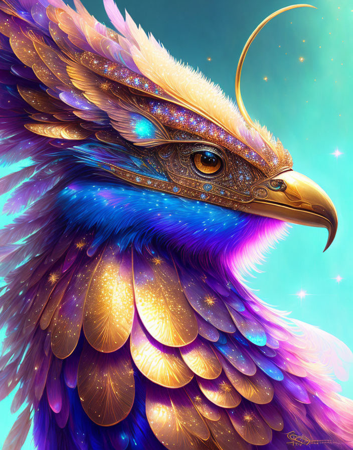 Majestic eagle digital artwork with iridescent feathers in blue and purple