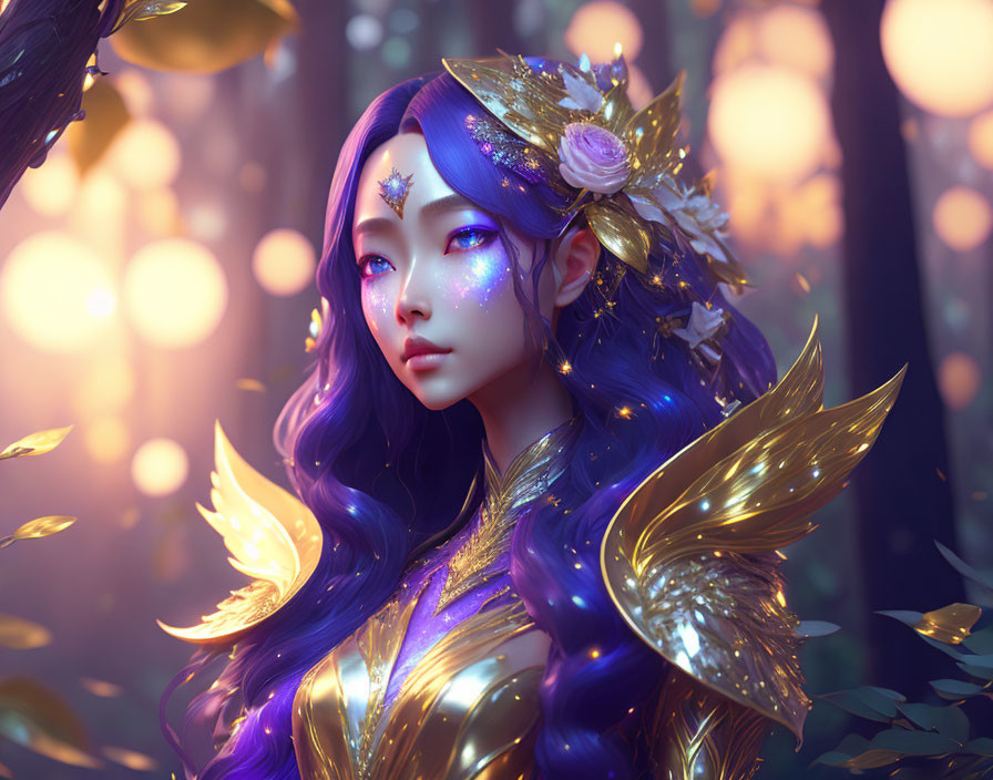 Fantasy illustration: Woman with purple hair in golden floral armor in magical forest.