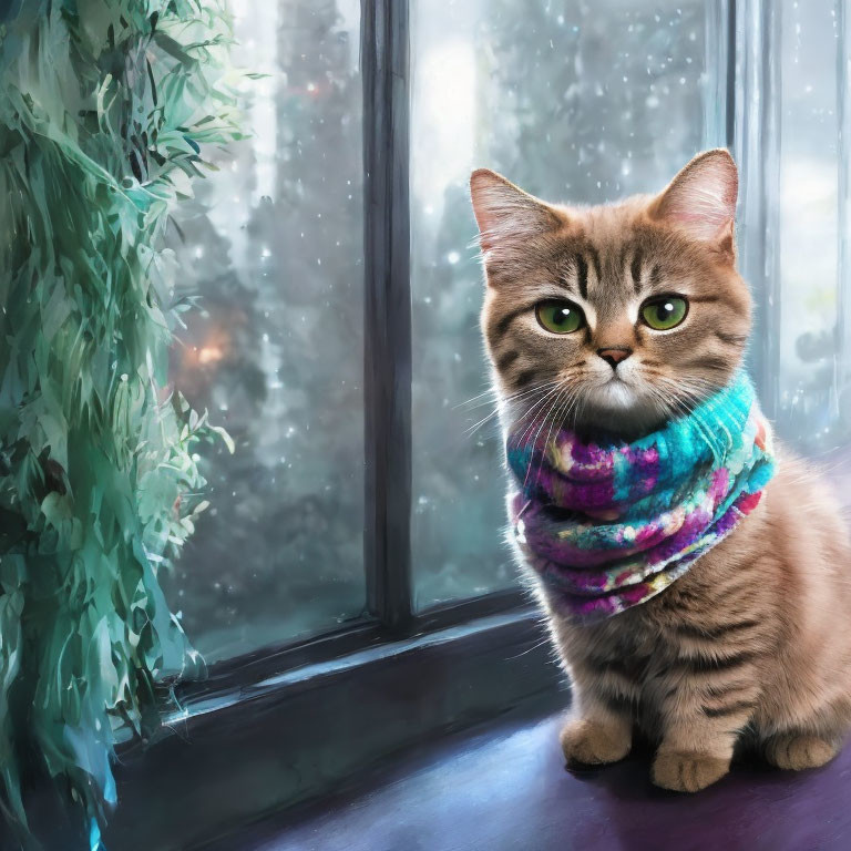 Brown Tabby Cat Wearing Colorful Scarf by Misty Window