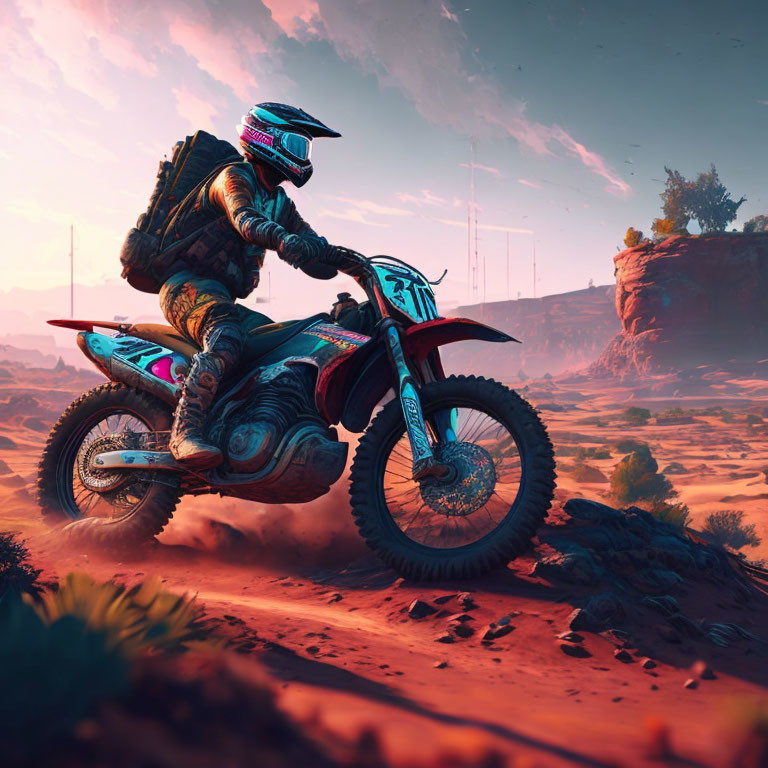 Dirt bike rider in full gear in desert at sunrise or sunset