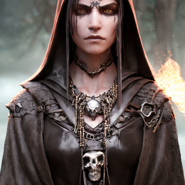 Mystical figure in dark hooded cape with skull decorations and fiery orb