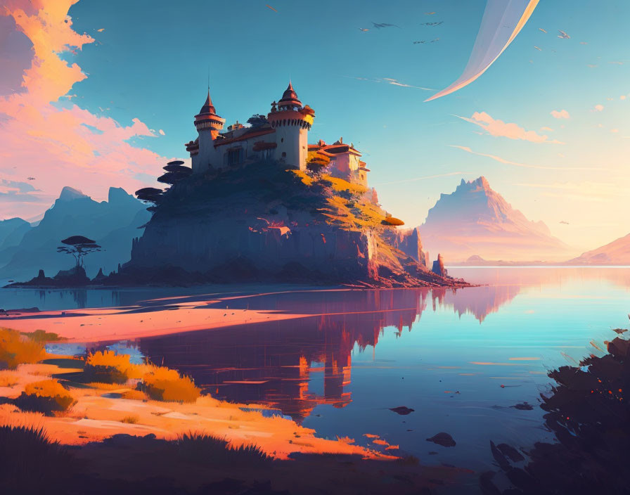 Fantasy landscape with castle on cliff, calm waters, and ringed planet