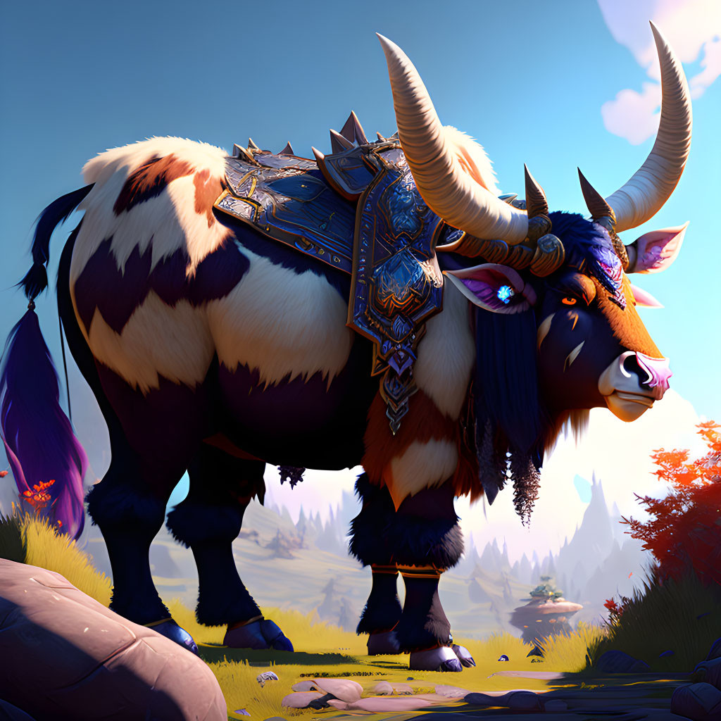 Stylized yak in ornate armor on vibrant meadow under blue sky