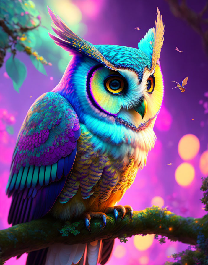 Colorful Stylized Owl on Branch with Forest Background and Butterfly