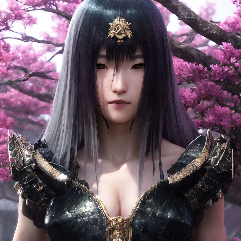 Digital artwork: Woman with long gray hair, headpiece, black armor, amid pink cherry blossoms