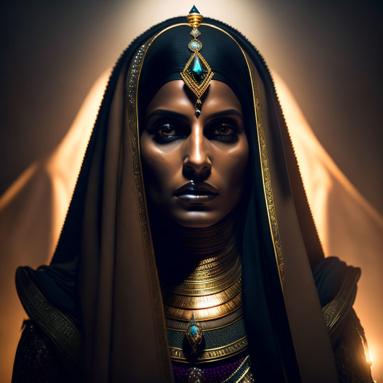 Woman adorned with golden jewelry and headpiece in dark cloak with warm backlight.