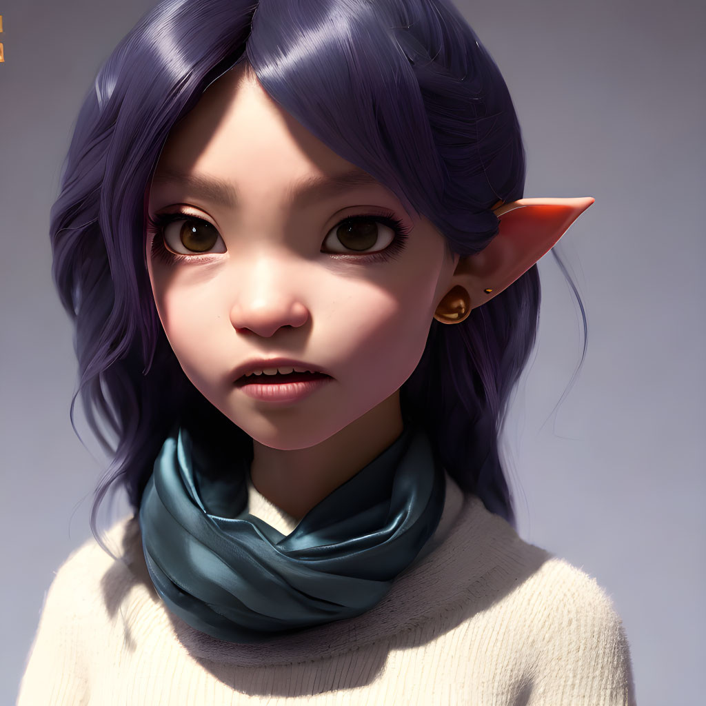 Female character with purple hair, pointed ears, big eyes, teal scarf, and white sweater.