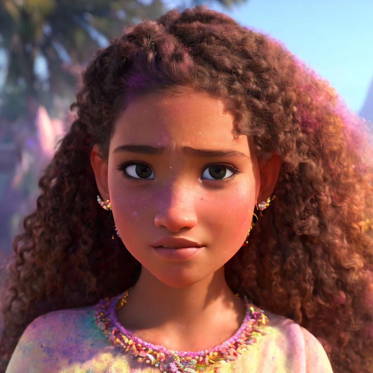 Curly Haired Girl with Hoop Earrings in 3D Animation