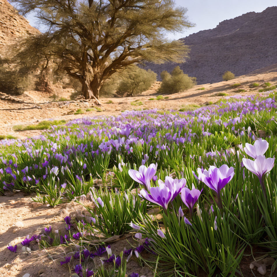 Tranquil desert valley with purple wildflowers and lush green tree