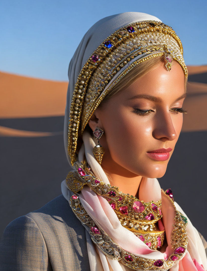 Contemplative woman with jewel-encrusted headscarf in desert setting