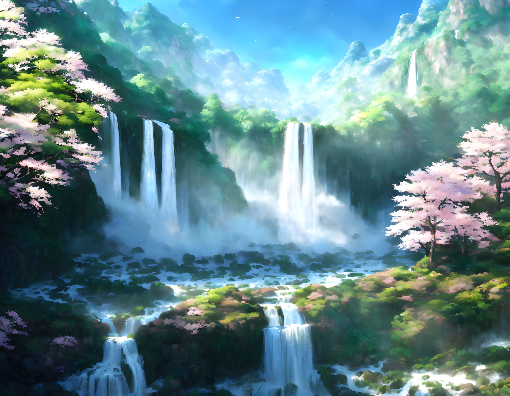 Multiple Waterfalls in Lush Greenery with Cherry Blossoms and Misty Sky