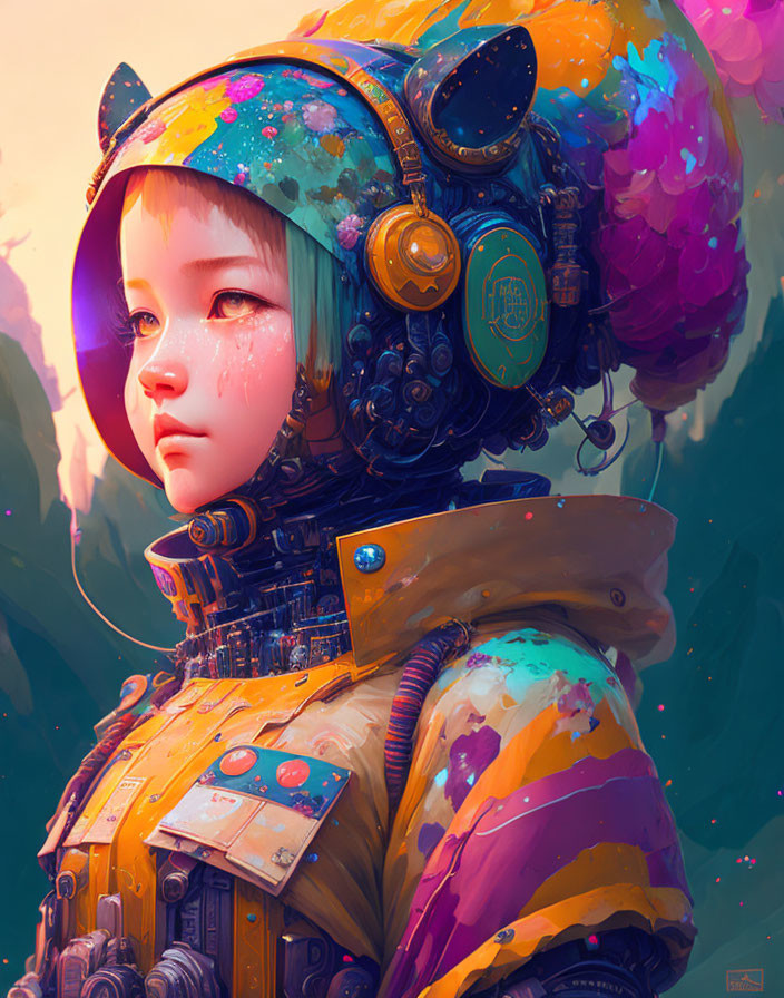 Colorful futuristic digital artwork of a girl in space-themed helmet and vibrant suit under pink sky