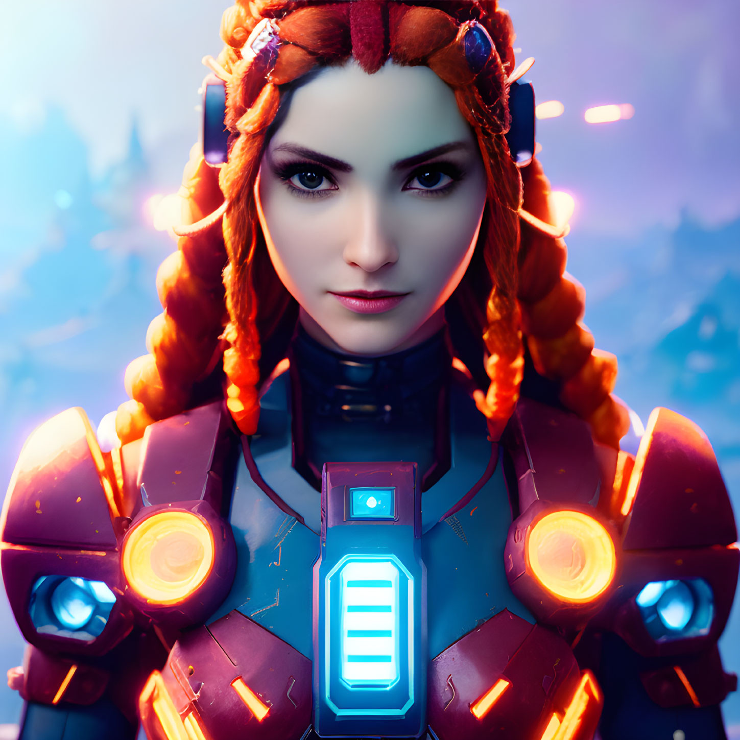 Red-haired woman in futuristic armor with glowing blue elements on blurred sci-fi background