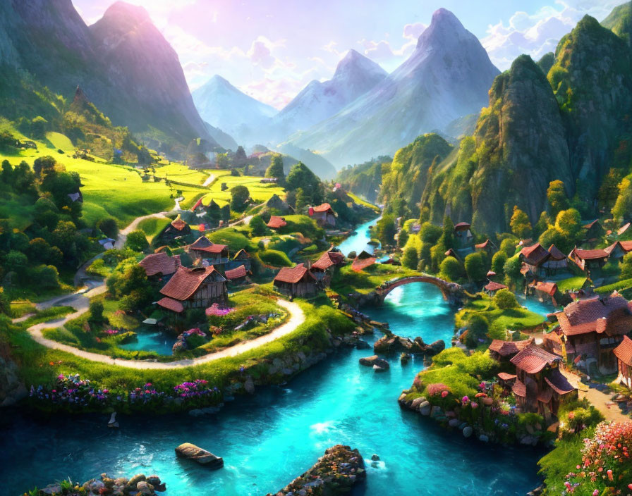 Scenic village with quaint houses, green hills, and blue river