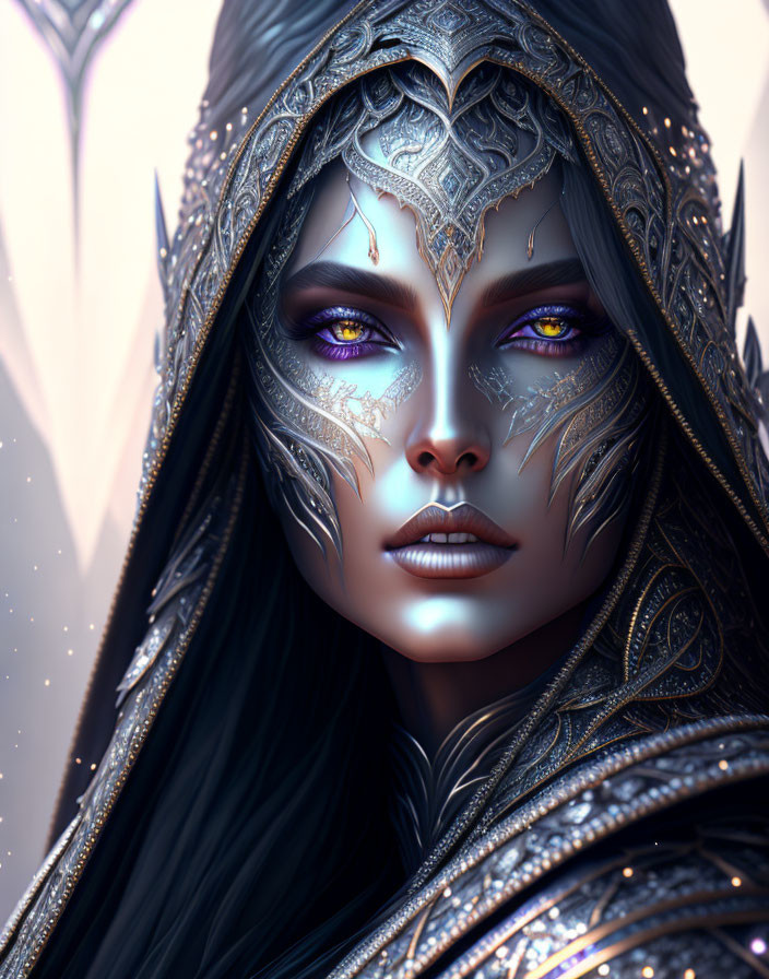 Fantasy portrait of woman in silver armor with violet eyes