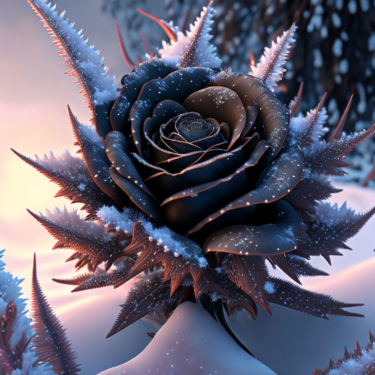 Surreal digital artwork: Frost-covered rose with ice crystals on petals