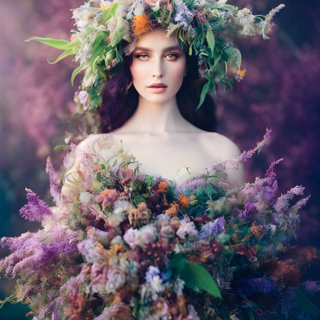 Woman with floral crown and bouquet in fairy-tale setting.