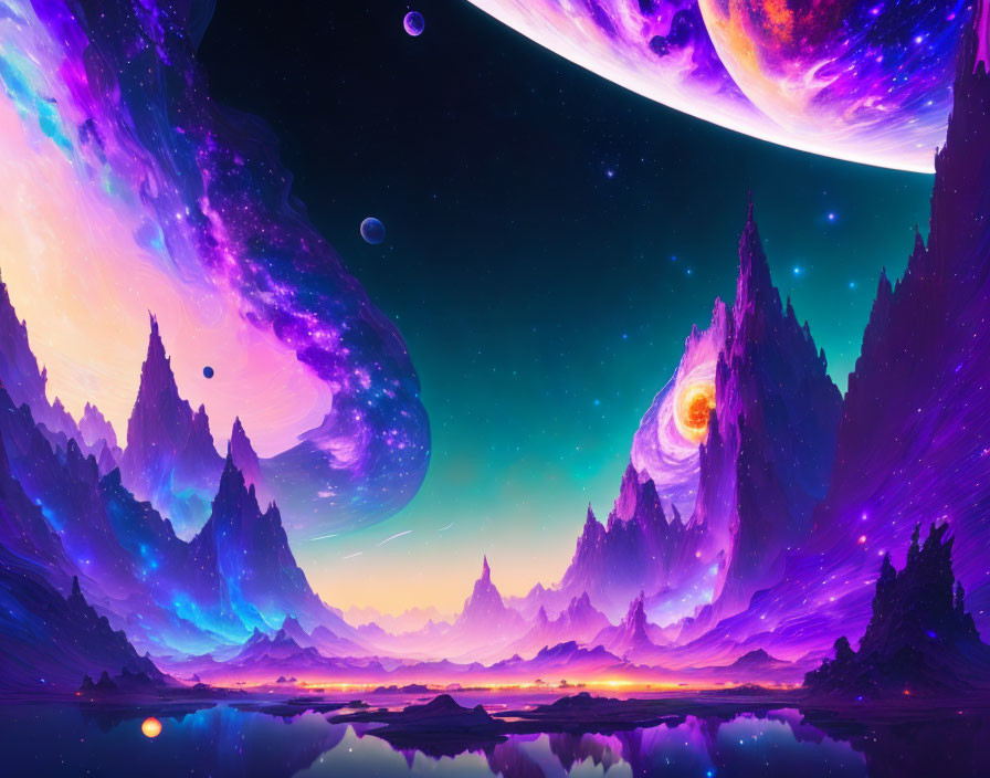 Majestic sci-fi landscape with mountains, lake, and colorful nebula-filled sky