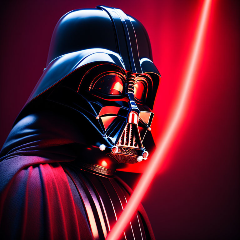 Person in Darth Vader costume with glowing red lightsaber on red backdrop.