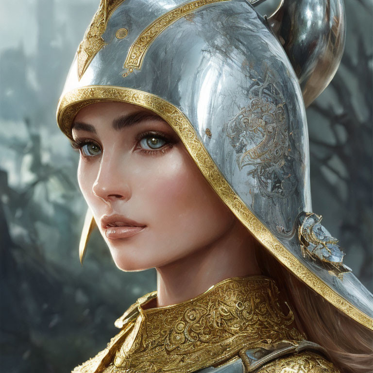 Portrait of Woman with Green Eyes in Silver Helmet & Golden Armor