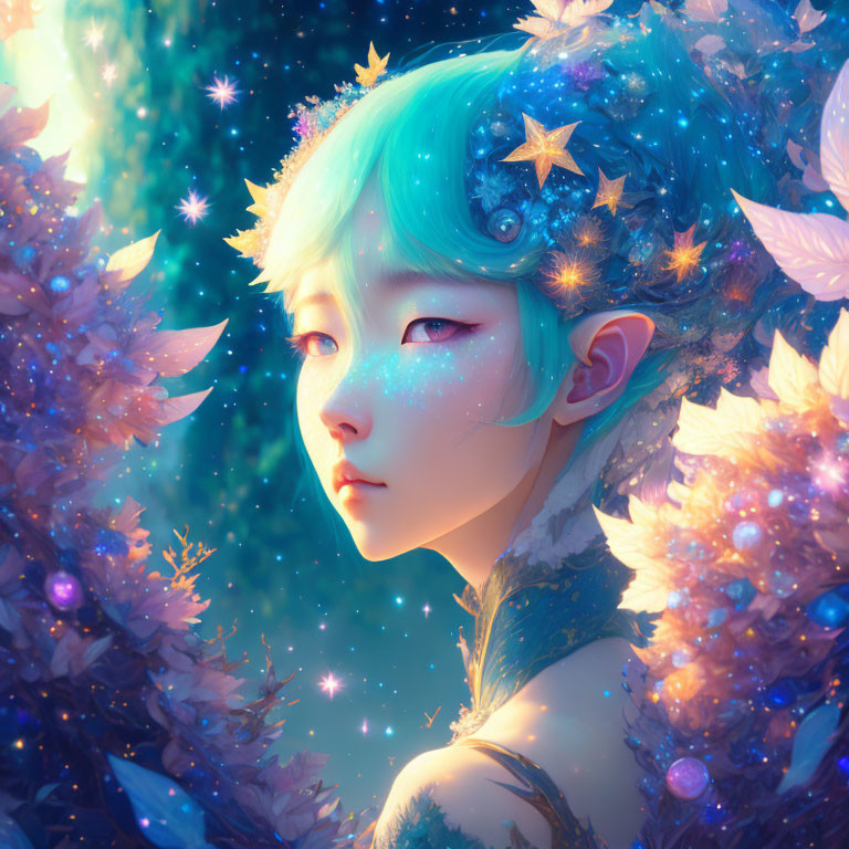 Fantasy portrait: Blue-haired character in magical setting