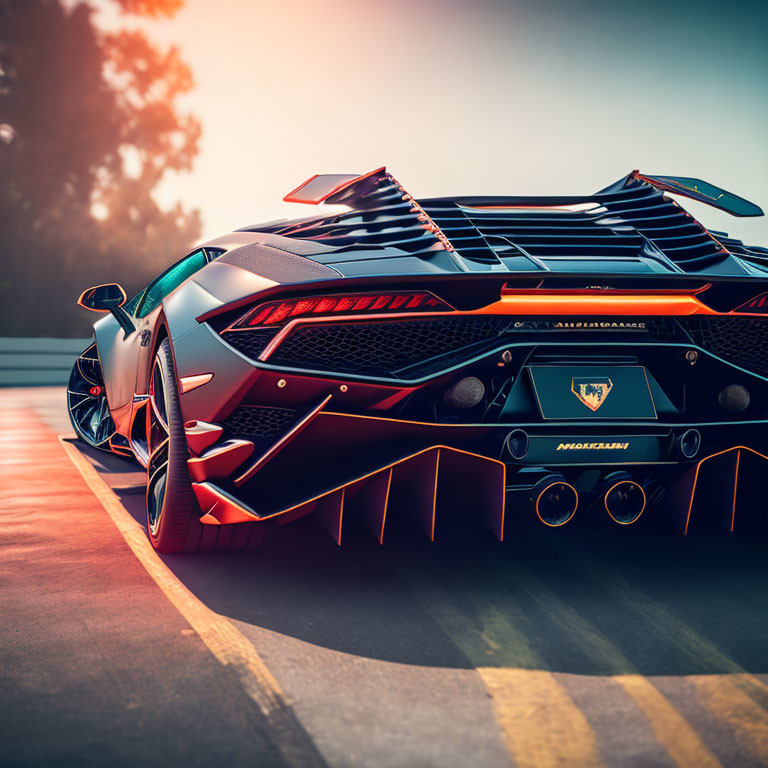 Luxury sports car with rear wing and golden sunlight on road