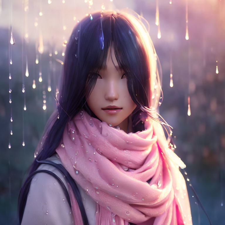 Digital portrait: Woman with black hair, pink scarf, rain droplets, warm bokeh background.